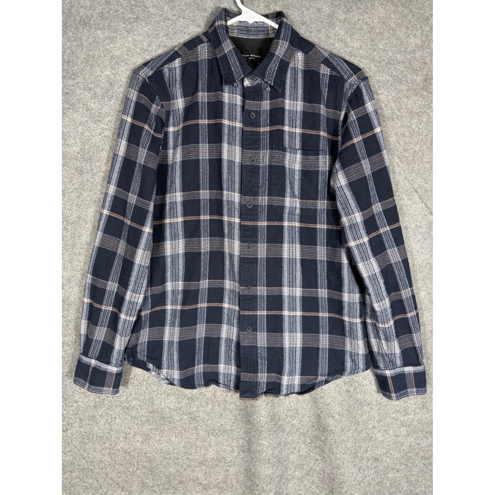 Club Monaco Slim Fit Navy Blue White Plaid‎ Flannel Button Down Shirt Mens Small